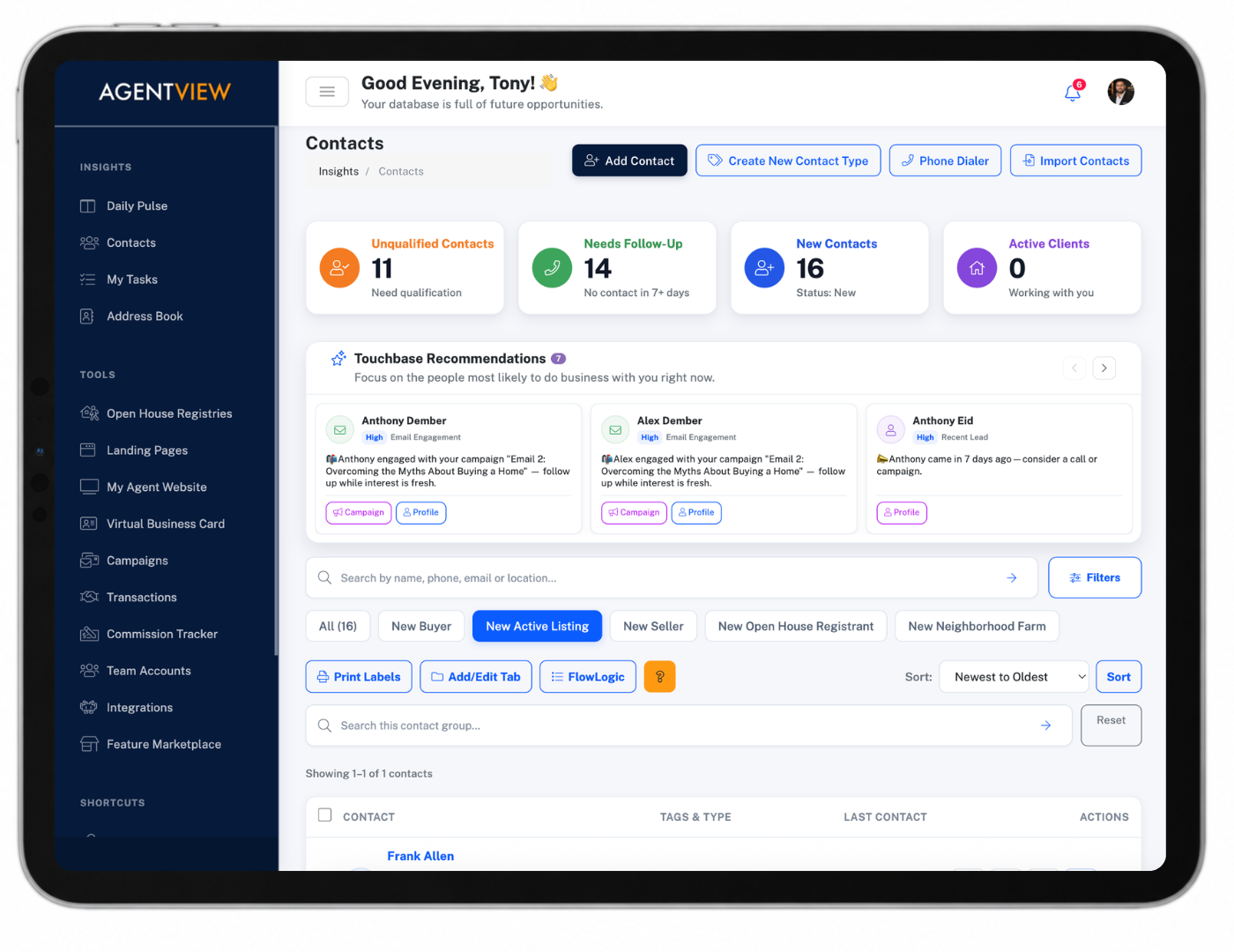AGENTVIEW AV2 TouchBase recommendations and contact history