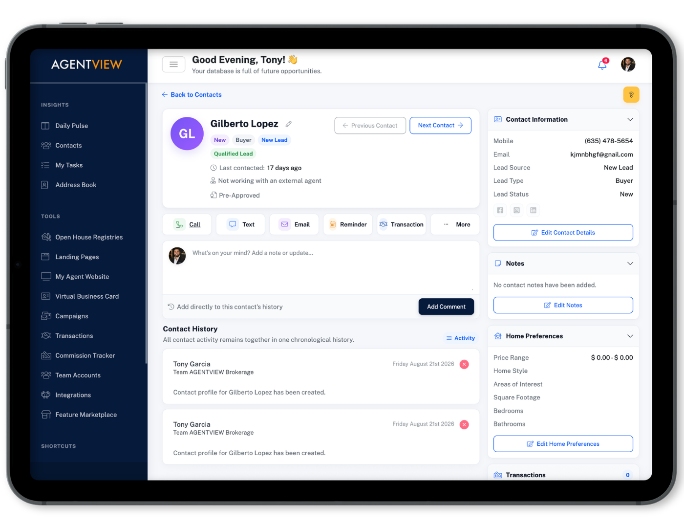 AGENTVIEW website lead connected to CRM
