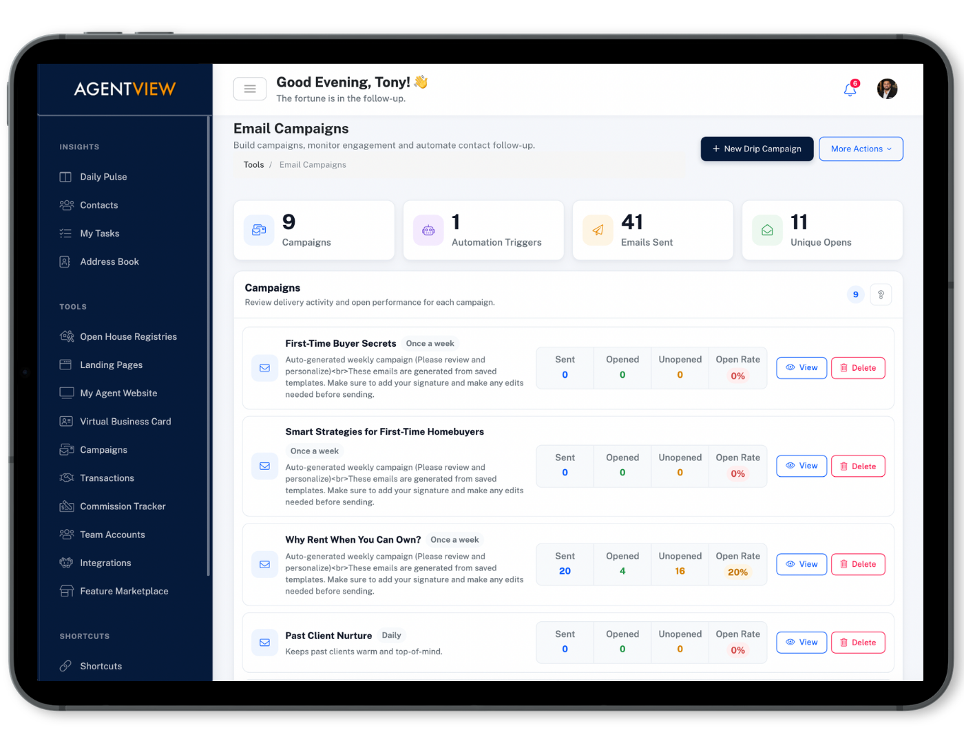 AGENTVIEW email campaign performance dashboard